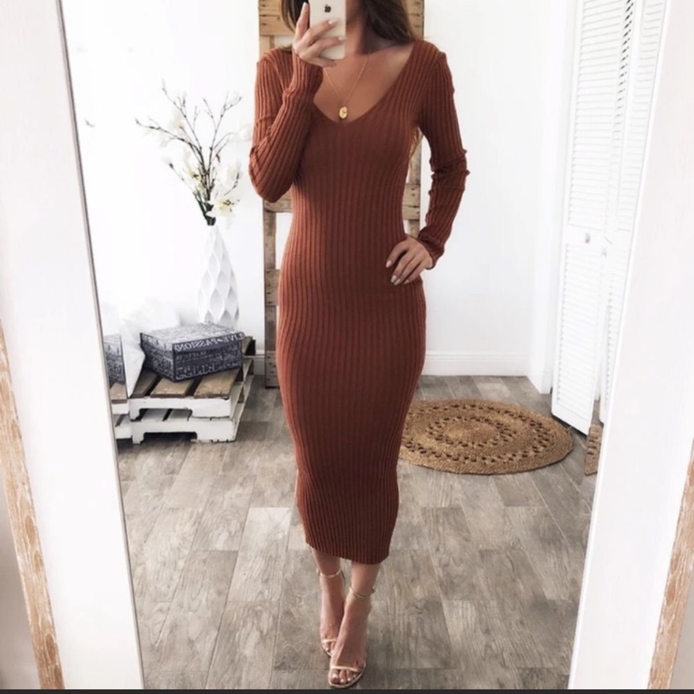 Rust brown long sleeved midi knit body on dress